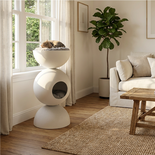 Modern Sculptural FRP Cat Tree | Matte White, Dual-Level Cat Condo with Sun Lounge & Hideaway