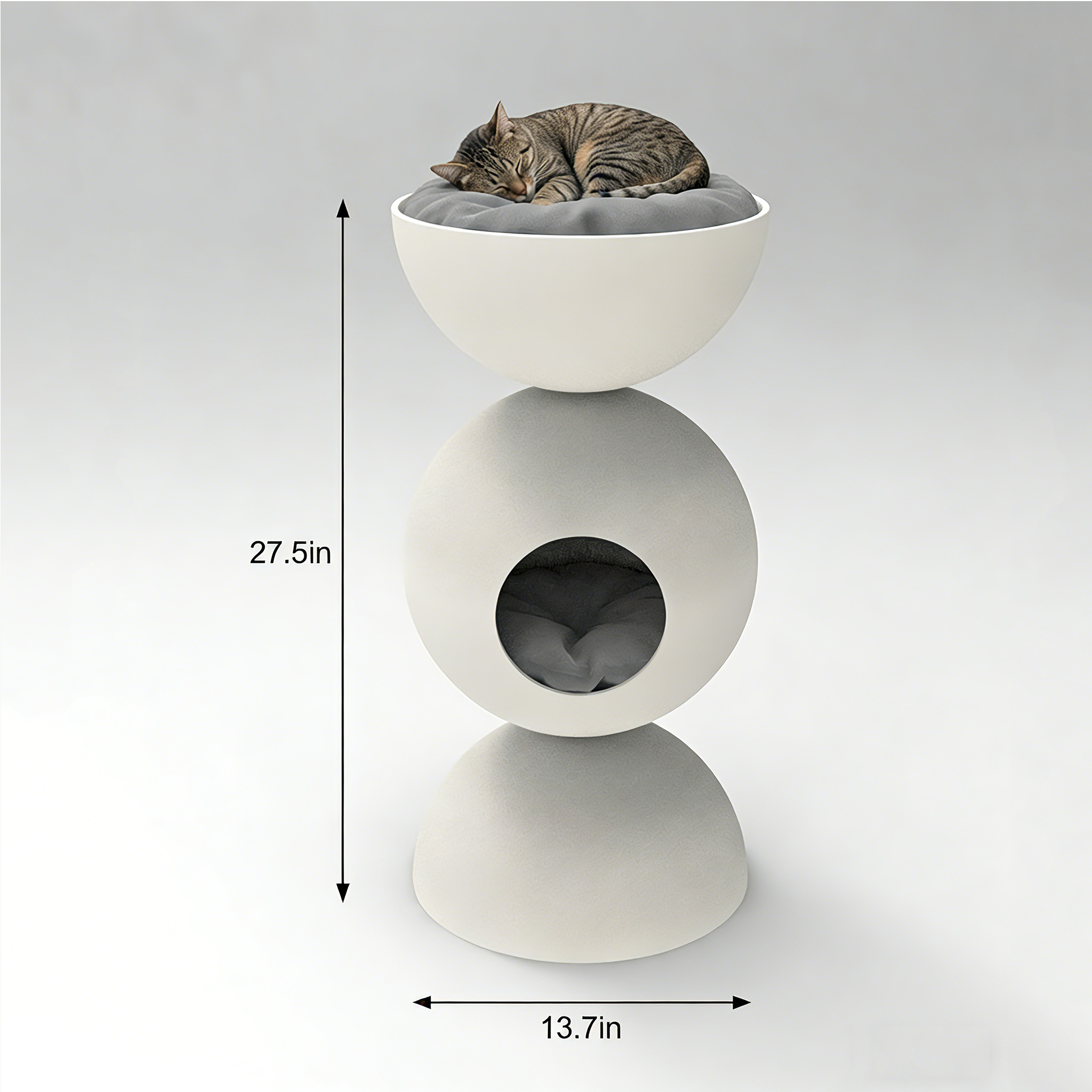 Modern Sculptural FRP Cat Tree | Matte White, Dual-Level Cat Condo with Sun Lounge & Hideaway