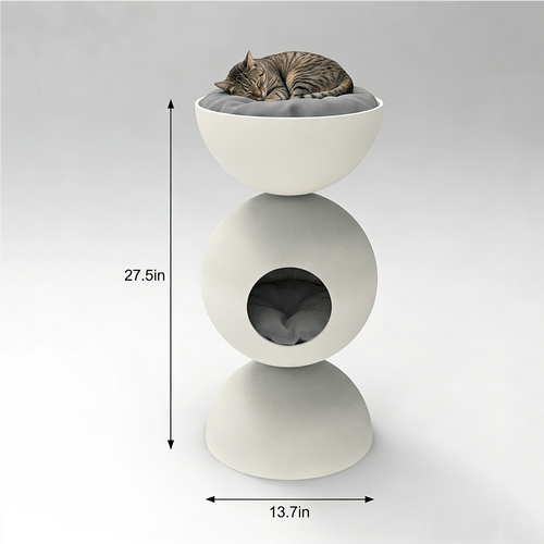 Modern Sculptural FRP Cat Tree | Matte White, Dual-Level Cat Condo with Sun Lounge & Hideaway
